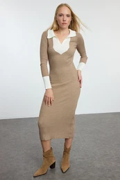 Beige Midi Knit Color Block Dress