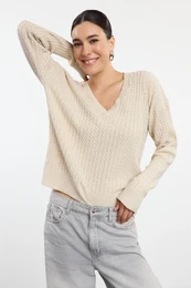 Stone Wide Pattern Hair Braid Detailed Knitwear Sweater