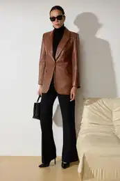 Brown Oversized Faux Leather Woven Blazer Jacket