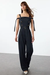 Navy Blue Striped Belted Long Jumpsuit with Adjustable Sleeves