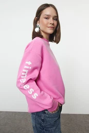 Pink Thick Polar Fleece Oversize/Wide Cut Slogan Printed Knitted Sweatshirt