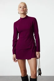 Mini Woven Shorts Skirt Jumpsuit with Plum Tie Detail