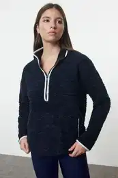 Navy Blue Plush Knitted Sports Sweatshirt