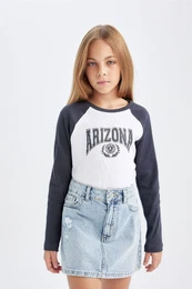 Girls Crew Neck Text Printed Ribbon Long Sleeve T-Shirt