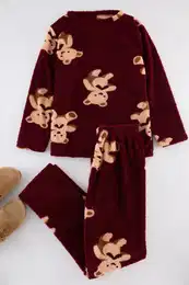 Claret Red Teddy Bear Wellsoft Winter Knitted Pajama Set