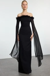 Black Sleeve Detailed Otrish Long Elegant Evening Dress