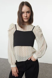 Black Double Layer Chiffon-Finike Mix Woven Blouse