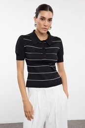 Black Polo Neck Striped Knitwear Sweater