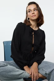 Black Tie Detailed Regular/Normal Pattern Flexible Knitted Blouse