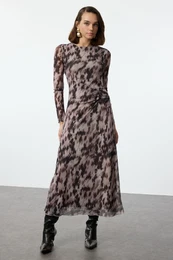 Brown Printed Gather/Drape Maxi Knit Dress
