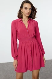 Fuchsia Polo Collar Elastic Waist Mini Knitted Dress
