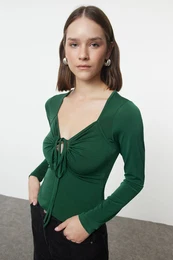 Emerald Green Slim Barbell Neck Stretchy Knitted Blouse