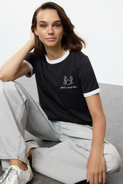 Black 100% Cotton Embroidered Contrast Piping Detailed Knitted T-Shirt