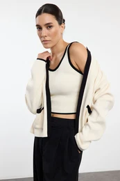 Stone Color Block Knitwear Blouse-Cardigan Set
