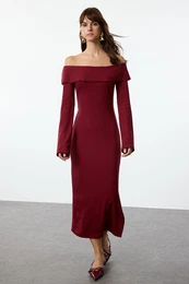 Claret Red Fitted Carmen Neck Soft Textured Midi Stretchy Knitted Pencil Dress