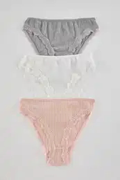 Grey-Multicolored 3-Pack 100% Cotton Ribbed Lace Classic Knitted Panties