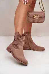 Women's perforated ankle boots with flat heel brown S.Barski