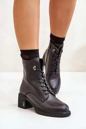 Lace Up Women's Heeled Boots Made Of Natural Leather Insulated Black 91110