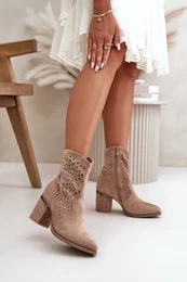Decorated Ladies Cutout Ankle Boots On Heels Made Of Eco Suede Beige S.Barski