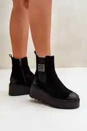 Warm Ankle Boots Women On Wedge And Platform Made Of Eco Suede Black 58339