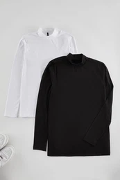 Curve Black-White 100% Cotton Regular Stand Collar Long Sleeve 2-Pack Knitted Plus Size T-shirt