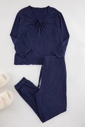 Curve Navy Blue U-Neck Tie-up Knitted Pajamas Set