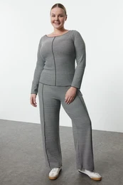 Curve Black-White Striped Knitted Plus Size Top-Bottom Set