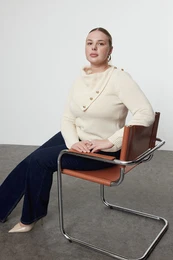 Curve Navy Blue Wide Turtleneck Buttoned Knitwear Sweater