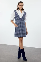 Blue Plaid / Checkered Mini Woven Tweed Vest Dress
