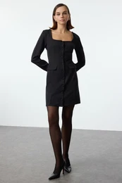 Black Pocket Detailed Mini Woven Jacket Dress