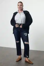 Curve Dark Blue High Waist Ripped Detail Skinny Plus Size Jeans