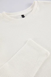 Ecru Regular/Normal Cut Long Sleeve Basic Textured 100% Cotton T-Shirt