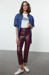 Claret Red Faux Leather Cigarette Zippered Woven Trousers