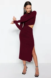 Elegant Evening Dress with Burgundy Window / Cut Out Detail