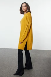 Mustard Pearl and Stone Detailed Knitwear Sweater