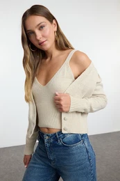 Beige Crop Blouse-Cardigan Set Knitwear Cardigan