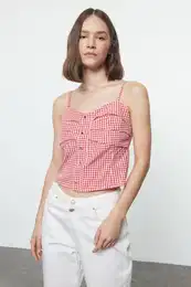 Red Strappy Gingham Woven Blouse