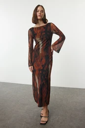 Cinnamon Abstract Backless Tulle Boat Neck Flexible Maxi Knit Dress