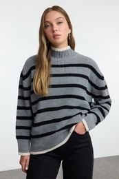 Anthracite Wide Pattern Striped Knitwear Sweater