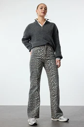 Multicolored Leopard Print Brown High Waist Straight Jeans