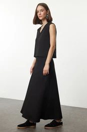 Black V Neck Normal Waist Maxi Knitted Blouse/Skirt Top-Bottom Set