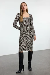 Camel Leopard Patterned Knitwear Bottom-Top Set