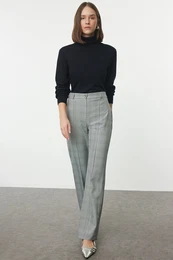 Gray Plaid Straight/Straight Cut Woven Trousers