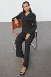 Black Belted Striped Jacket Collar Long Jumpsuit