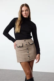 Camel Tweed Fabric, Pocket and Button Detailed Plaid Patterned Mini Woven Skirt