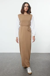 Beige Sleeves Woven Piece Detailed Waist Tied Knitwear Dress