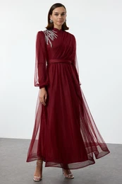Burgundy Stone Accessory Tulle Evening Dress
