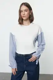 Ecru Poplin Detailed Relaxed Knitted Blouse