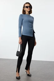 Indigo Single Slit Detailed Cotton Gathered Crew Neck Knitted Blouse
