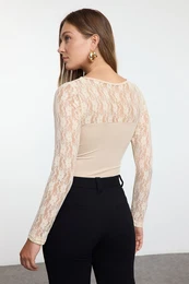 Stone V-Neck Lace Detailed Flexible Snap Fastener Knitted Body